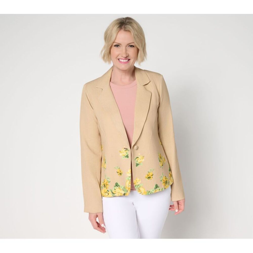 SUNNYLiFE Women's Plus Sz Jacket 4X Linen Blend Border Print DARK BEIGE